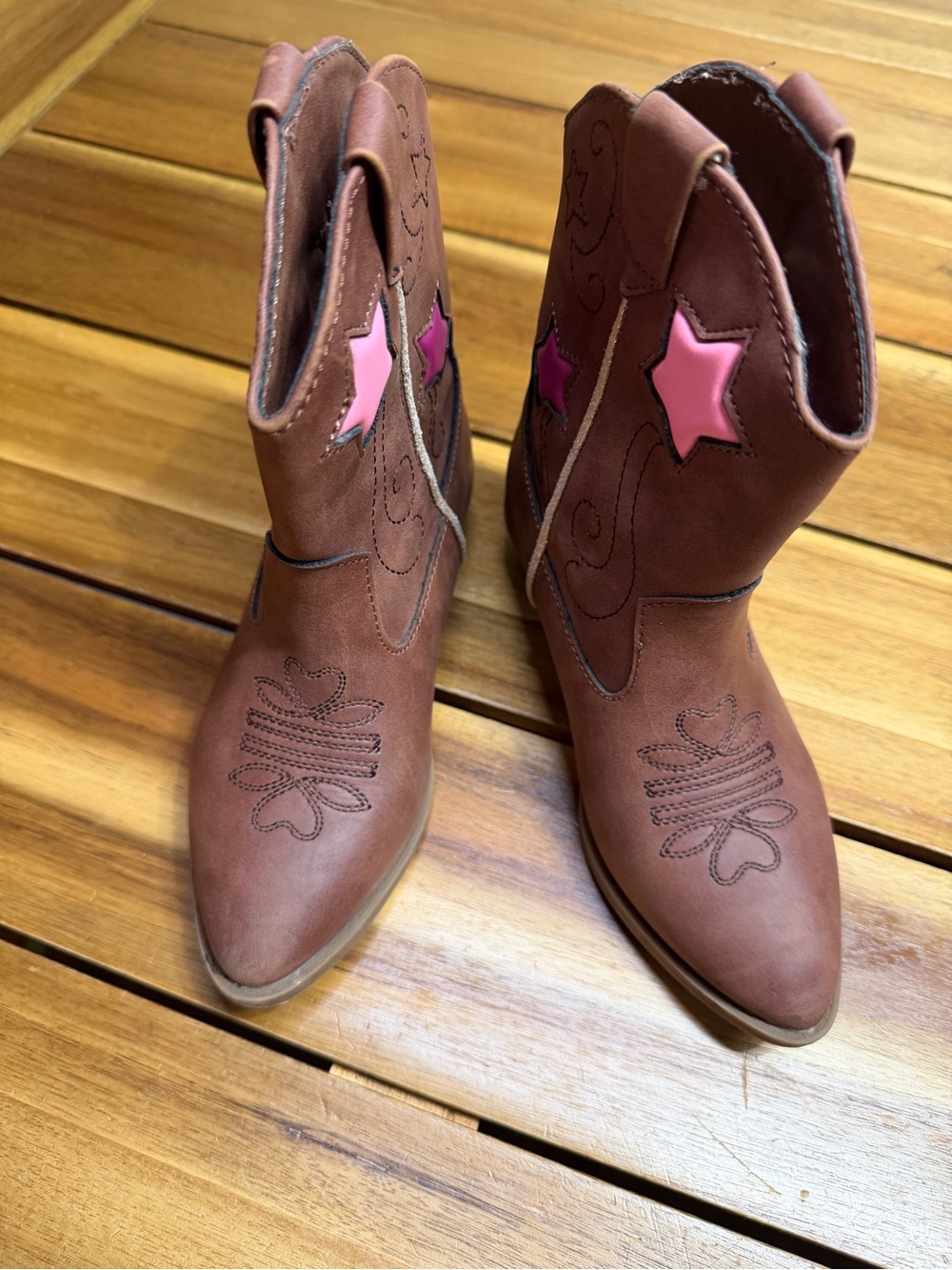 Toddler Girl Brown Western Ankle Boots with Pink Star Accent